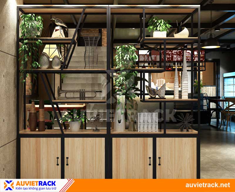 Kệ sắt trang trí kết hợp tủ gỗ